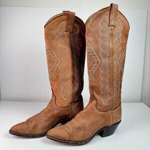 Vintage Dan Post Cowboy Boots Womens 6.5M Brown Leather Western Snip Toe USA